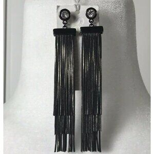 Soo Inh Kim Laine Pierced Post Earrings Black Chain Tassel Fringe Rhinestone